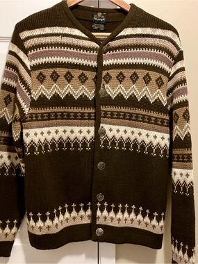 Norvyk Renoir Fair Isle Button-Front Wool Cardigan Made In Canada 🇨🇦 Medium